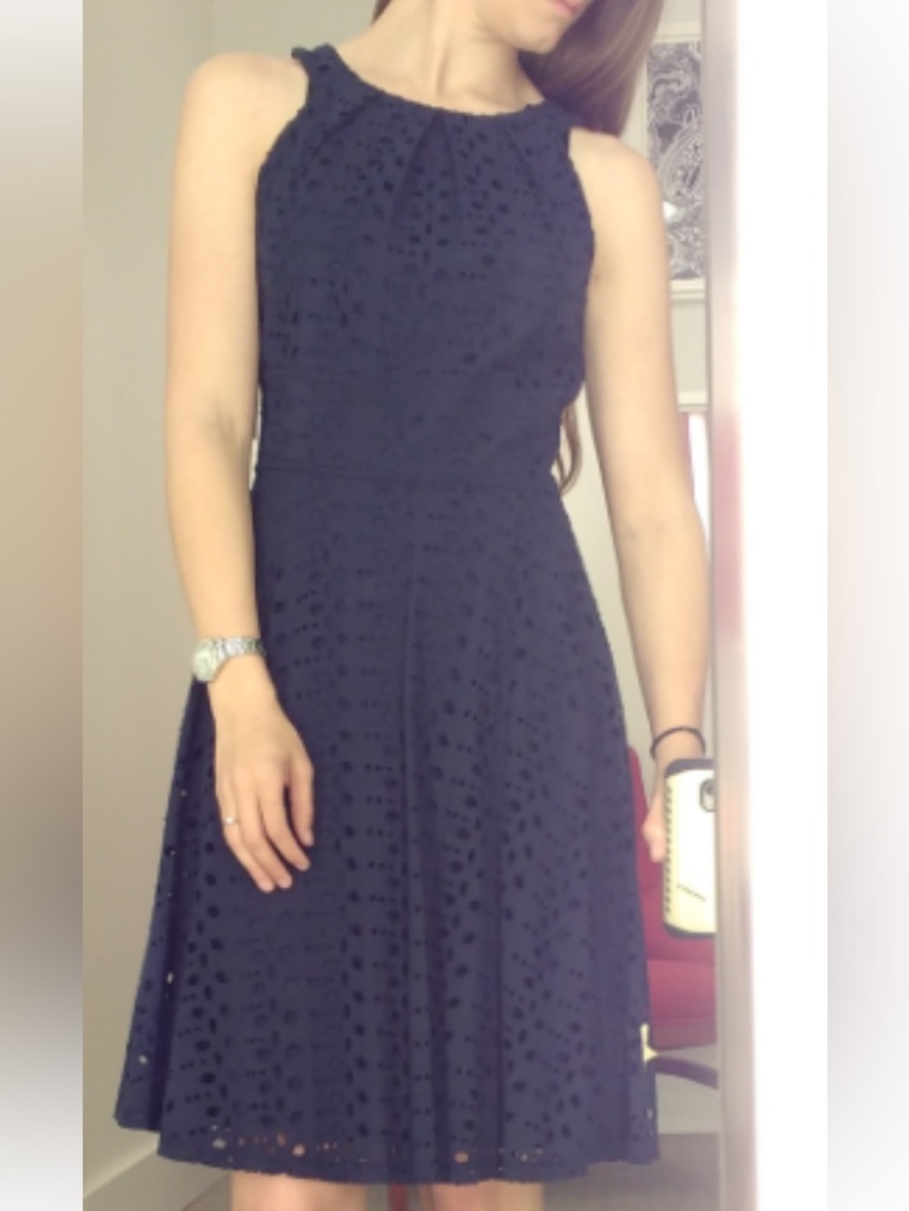 DB Established 1962Women Sleeveless Lined Eyelet Cotton Dress in Navy Blue | 10